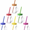 12x Pcs Verres Mason Jar Gobelets Avec Bouchon Et Paille 500 Ml - 6x Couleurs, 2x Pcs Par Couleur