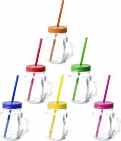 12x Pcs Verres Mason Jar Gobelets Avec Bouchon Et Paille 500 Ml - 6x Couleurs, 2x Pcs Par Couleur