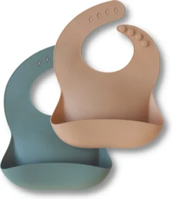 Cultures D' Kids | Bavoirs Bébé En Siliconen Avec Réceptacle | Bavoir Pour Bébé Et Tout-petit | Set 2 Pièces | Vert Et Abricot