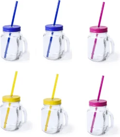 9x Pcs Verres Mason Jar Gobelets Avec Bouchon Et Paille 500 Ml - 3x Jaune / 3x Bleu / 3x Rose - Verrouillable / Ne Fuit Pas / Fruits Secoue
