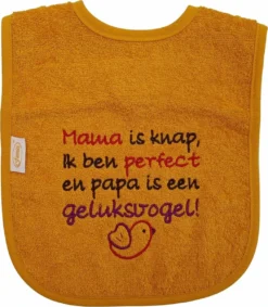 Bavoir Ocre Avec "Maman Est Jolie, Je Suis Parfaite Et Papa A De La Chance" - Fête Des Pères, Fête Des Mères, Amour, Drôle, Blague, Cadeau De Maternité, Cadeau