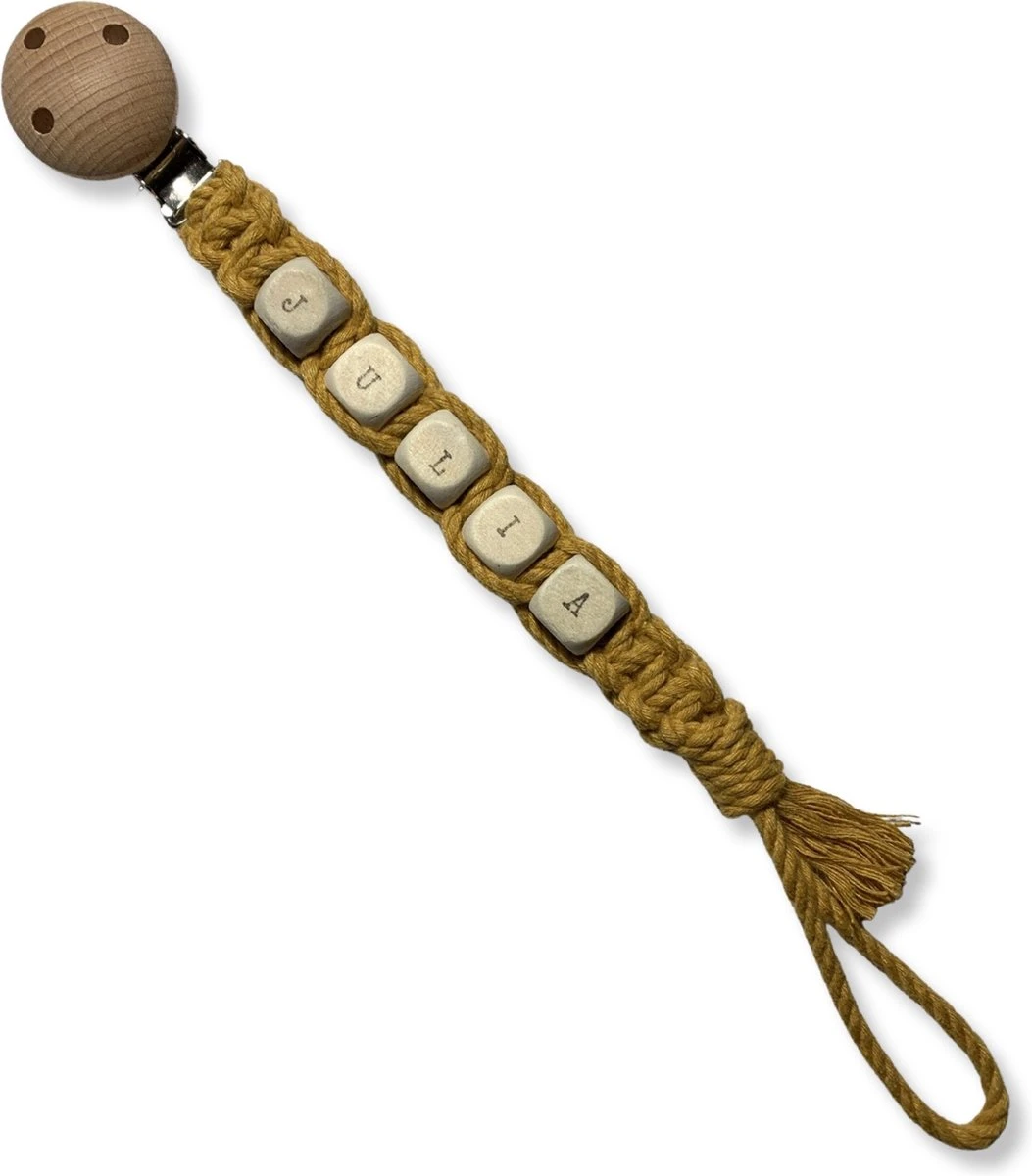 Attache-tétine En Macramé Avec Nom - Jaune Ocre - Katoen - Macramé - Handgemaakt Aux Nederland - Livraison Gratuite 2 Attache-tétine En Macramé Avec Nom - Jaune Ocre - Katoen - Macramé - Handgemaakt Aux Nederland - Livraison Gratuite – Image 2