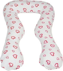 Oreiller De Grossesse - Coussin D'allaitement - 100% Coton - 300 Cm - Blanc Avec Motif Cœur Rouge