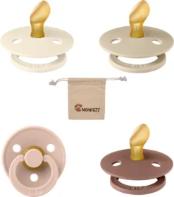 Bibs Sucettes Dental Anatomique 6-18 Mois- Set 4 Pièces- Ivoire, Vanille, Blush, Marmotte- + Etui Tétine Monkiezz - Orthodontique- Anatomique- Taille 2