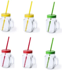 6x Pcs Verre Mason Jar Gobelets Avec Bouchon Et Paille 500 Ml - 2x Jaune / 2x Vert / 2x Rouge - Verrouillable / Ne Fuit Pas / Fruits Secoue