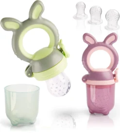 2 Tétines Aux Fruits Baby Bunny + 6 Tétines En Siliconen En 3 Tailles + 1 Brosse à Dents Pour Bébé - Nourriture Pour Bébé Sans BPA Pour Bouillie De Fruits Et Légumes (lot De 2 + Brosse à Dents)