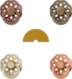 BIBS Bohème Sucette | Taille 1 0-6 Mois | Set 4 Pièces + Monkiezz Jouet De Dentition Rainbow Mustard | Marmotte, Chêne Foncé, Vanille, Peach