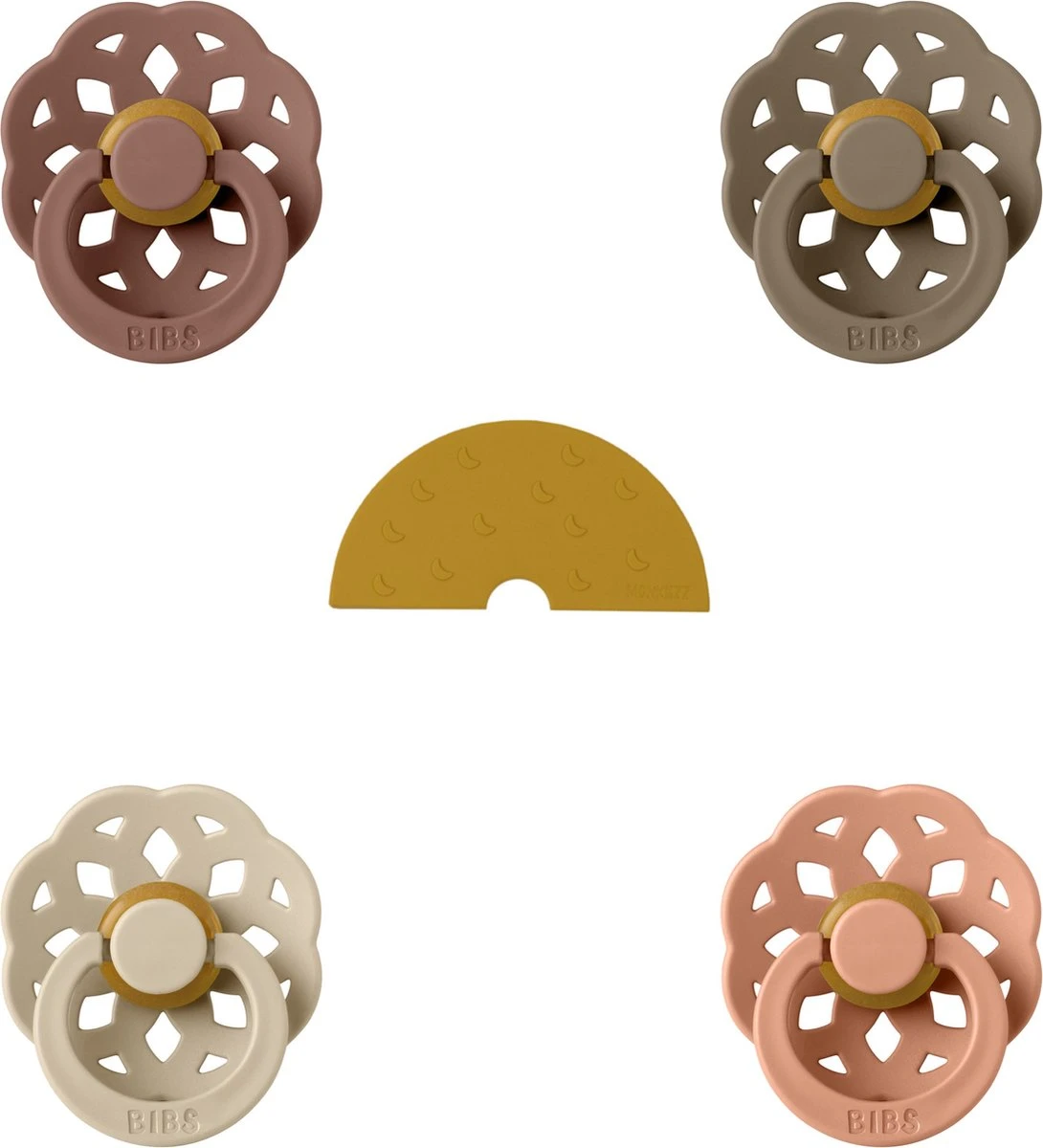 BIBS Bohème Sucette | Taille 1 0-6 Mois | Set 4 Pièces + Monkiezz Jouet De Dentition Rainbow Mustard | Marmotte, Chêne Foncé, Vanille, Peach 1 BIBS Bohème Sucette | Taille 1 0-6 Mois | Set 4 Pièces + Monkiezz Jouet De Dentition Rainbow Mustard | Marmotte, Chêne Foncé, Vanille, Peach