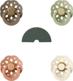 BIBS Bohème Sucette | Taille 1 0-6 Mois | Set 4 Pièces + Monkiezz Jouet De Dentition Rainbow Wood | Chêne Foncé, Sage, Peach, Ivoire