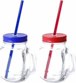 6x Pcs Verres Mason Jar Gobelets Avec Bouchon Et Paille 500 Ml - 3x Bleu / 3x Rouge - Scellable / Pas De Fuite / Fruits Secoue