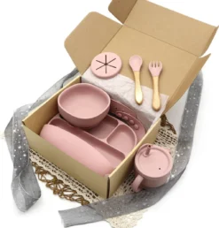 Neuf - Vaisselle En Silicone Pour Bébé - Antidérapante - Rose Clair - Cadeau De Maternité - Coffret Cadeau - Couverts Pour Enfants - Sans BPA