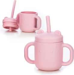 FreeON Gobelet En Siliconen Avec Paille Et Poignées - Gobelet En Paille Pour Bébé - Tout-petit Et Tout-petit - Kitty - Rose