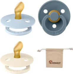 Bibs Sucettes Dental Anatomique 6-18 Mois- Set 3 Pièces- Blue Bébé , Petrol, Ivoire- + Etui Tétine Monkiezz - Orthodontique- Anatomique- Taille 2