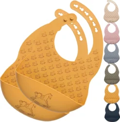 Bavoir En Siliconen , Sans BPA Avec Ramasse-miettes, Bavoir Bébé, Bavoir En Silicone Lavable, Bavoir En Silicone Avec Ramasse-miettes, Résistant à L'eau, Lot De 2 Ocre