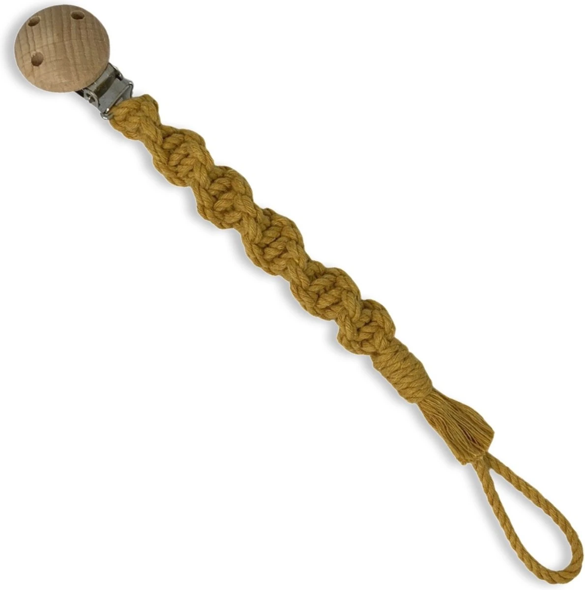 Attache Sucette Macramé ' Spiral' - Jaune Ocre - Katoen - Macramé - Handgemaakt Aux Nederland - Livraison Gratuite 2 Attache Sucette Macramé ' Spiral' - Jaune Ocre - Katoen - Macramé - Handgemaakt Aux Nederland - Livraison Gratuite – Image 2