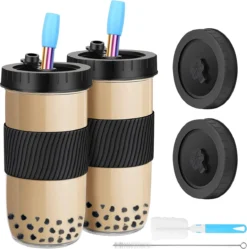 Tasses à Thé à Bubble , Lot De 2, 730 Ml, Set à Thé à Bubble Avec Paille, Réutilisables, Verres à Boire En Verre Avec Couvercle, Silicone Anti-fuite Pour Milkshakes, Boissons, Smoothie Noir