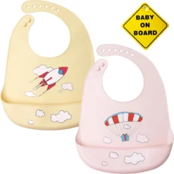 Bavoir En Siliconen Flouer Avec Plateau 2 Pièces Avec Autocollant Bébé à Bord - Bavoir - Bavoirs Bébé - Bavoir - Bavoirs Bébé - Sans BPA - Kaki Et Rose