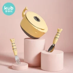 Set De 3 Pièces En Inox Jaune, Fourchette, Cuillère, Bol/assiette Avec Ventouse Doublé Silicone Vaisselle Enfant Enfant
