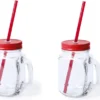 2x Pcs Verres Mason Jar Tasses à Boire Bouchon Rouge Et Paille 500 Ml - Scellable / Non-fuite / Fruits Secoue