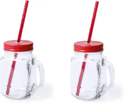 2x Pcs Verres Mason Jar Tasses à Boire Bouchon Rouge Et Paille 500 Ml - Scellable / Non-fuite / Fruits Secoue