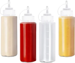 4 Bouteilles à Presser Avec Bouchon (500 Ml) - Distributeur De Sauce Pour Ketchup, Sauces, Huile, Vinaigrettes - Geen De Fuite, Sans BPA
