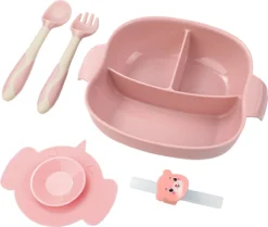 Vaisselle Enfant 4 Pièces - Assiette Compartiments Bébé Avec Ventouse - Vaisselle Pour Enfants Incassable - Rose
