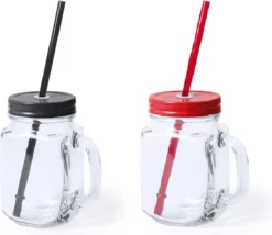 4x Pièces Verres Mason Jar Gobelets Avec Bouchon Et Paille 500 Ml - 2x Noir / 2x Rouge - Verrouillable / Pas De Fuites / Fruit Shakes