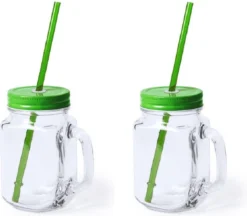 2x Pcs Verres Mason Jar Tasses à Boire Bouchon Vert Et Paille 500 Ml - Scellable / Non étanche / Fruits Secoue