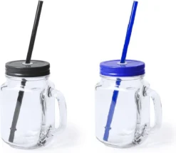 4x Pièces Verres Mason Jar Gobelets Avec Bouchon Et Paille 500 Ml - 2x Noir / 2x Bleu - Verrouillable / Pas De Fuites / Fruit Shakes