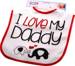 Bavoir Bébé Premiers Steps Avec Texte J'aime Mon Papa Et éléphants - Tissu éponge Et PVC Rouge Blanc Noir Fermeture Velcro