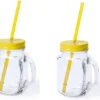 2x Pcs Verres Mason Jar Tasses à Boire Bouchon Jaune Et Paille 500 Ml - Scellable / Non-fuite / Fruits Secoue