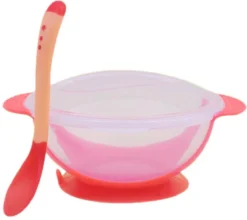 Assiette Enfant Avec Couvercle Et Cuillère - Services De Table Bébé - Bol Enfant Avec Cuillère - Avec Ventouses - Rose - Couverts Couverts Pour Enfants - Bols Bébé Plastique Avec Couvercle