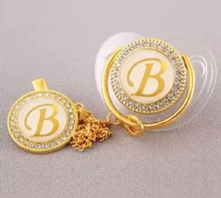 Tétine Lettre Avec Clip - Lettre B - 0 - 6 Mois - Gel De Silice - Or / Transparent - Sucettes De Luxe Avec Losanges - Tétine Personnalisée