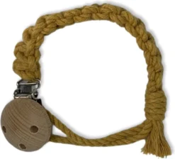 Attache Sucette Macramé 'Square' - Jaune Ocre - Katoen - Macramé - Handgemaakt Aux Nederland - Livraison Gratuite