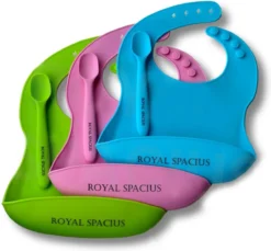 ROYAL SPACIUS® 3x Siliconen Bavoirs Avec Goutte à Goutte Plateau Et Cuillères [RS2108] - étanche - Lave - Vaisselle - Tailles Réglables - Douce Et Ferme - Vert / Rose / Blauw
