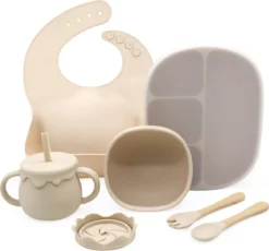 Vaisselle Enfant En Silicone Avec Ventouse LaCardia Beige – Set Vaisselle Enfant – Assiette Bébé Et Enfant Avec Ventouse – Vaisselle Bébé