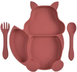 Dutsi - Set Vaisselle Bébé Et Enfant Siliconen - Assiette Ventouse + Cuillère + Fourchette - Renard Rouge Vin