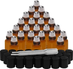 Belle Vous Flacons Roller Huile Essentielle (Lot De 24) - Bouteilles Verres Ambré 3 Ml - Bouteilles Rechargeables Avec Roller Billes Inox Et Compte-gouttes Pour Huile, Parfum/ Parfum Et Aromathérapie