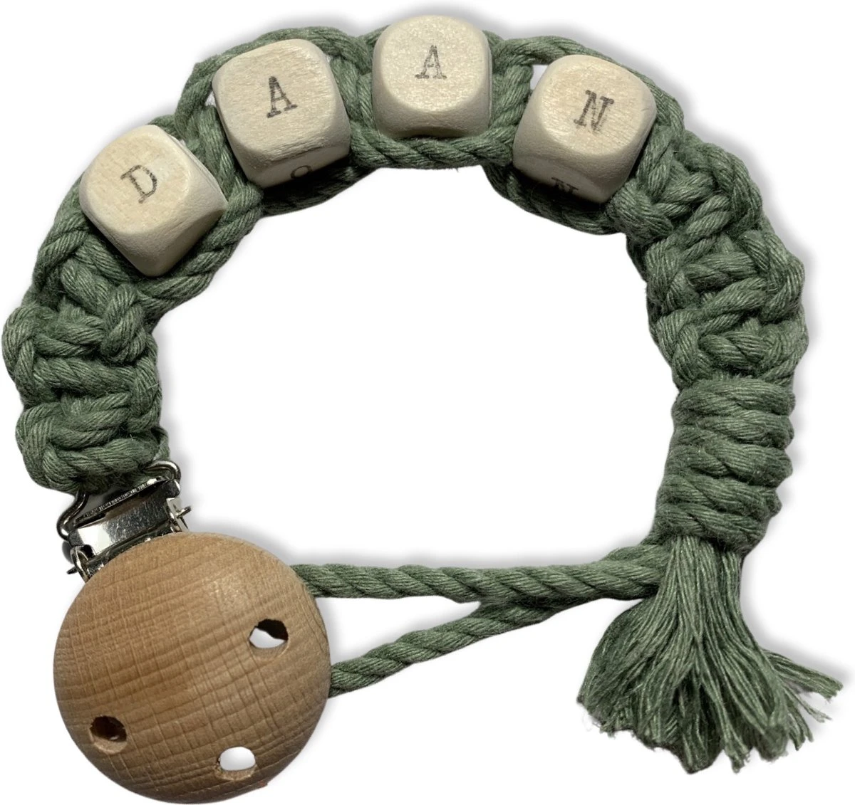 Attache-tétine En Macramé Avec Nom - Vert Olive - Katoen - Macramé - Handgemaakt Aux Nederland - Livraison Gratuite 1 Attache-tétine En Macramé Avec Nom - Vert Olive - Katoen - Macramé - Handgemaakt Aux Nederland - Livraison Gratuite