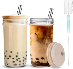 Tasse à Thé Avec Couvercle En Bois Et Paille, 730 Ml, Ensemble De 2 Pièces, Ensemble Bubble Tea Réutilisable, Pour Milkshakes, Jus, Smoothies, Bière (entièrement Scellé)