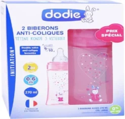 DODIE Lot De 2 Bouteilles Anti-coliques Initiation + - 270ml - ROSE Unicorne - 0-6 Mois - 3 Vitesses Trayons Rondes 2 Coulent
