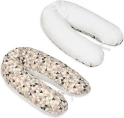 Coussin D'allaitement - Coussin De Grossesse - 100% Coton - Avec Ficelles - 145 Cm - Triangles Beige – Blanc