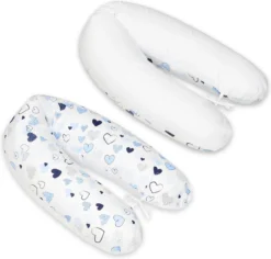 Coussin D'allaitement - Coussin De Grossesse - 100% Coton - Avec Cordons - 145 Cm - Coeurs Bleus - Blanc