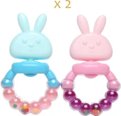2x Biberoia® Anneau De Dentition Avec Hochet - Anneau De Dentition - Bébé - Speelgoed Bébé - Cadeau Bébé - Cadeau Maternité - Baby Shower - Rose + Blauw