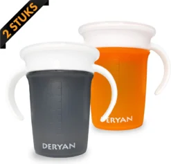 Deryan Luxe Quuby Drinking Cup 360 Trainer - Gobelet D'entraînement - Gobelet Anti-déversement - 2 Pièces - Grijs / Oranje
