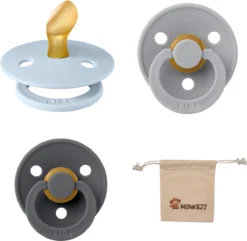 Bibs Sucettes Dental Anatomique 0-6 Mois- Set 3 Pièces- Blue Bébé , Nuage, Fer - + Etui Tétine Monkiezz - Orthodontique- Anatomique- Taille 1