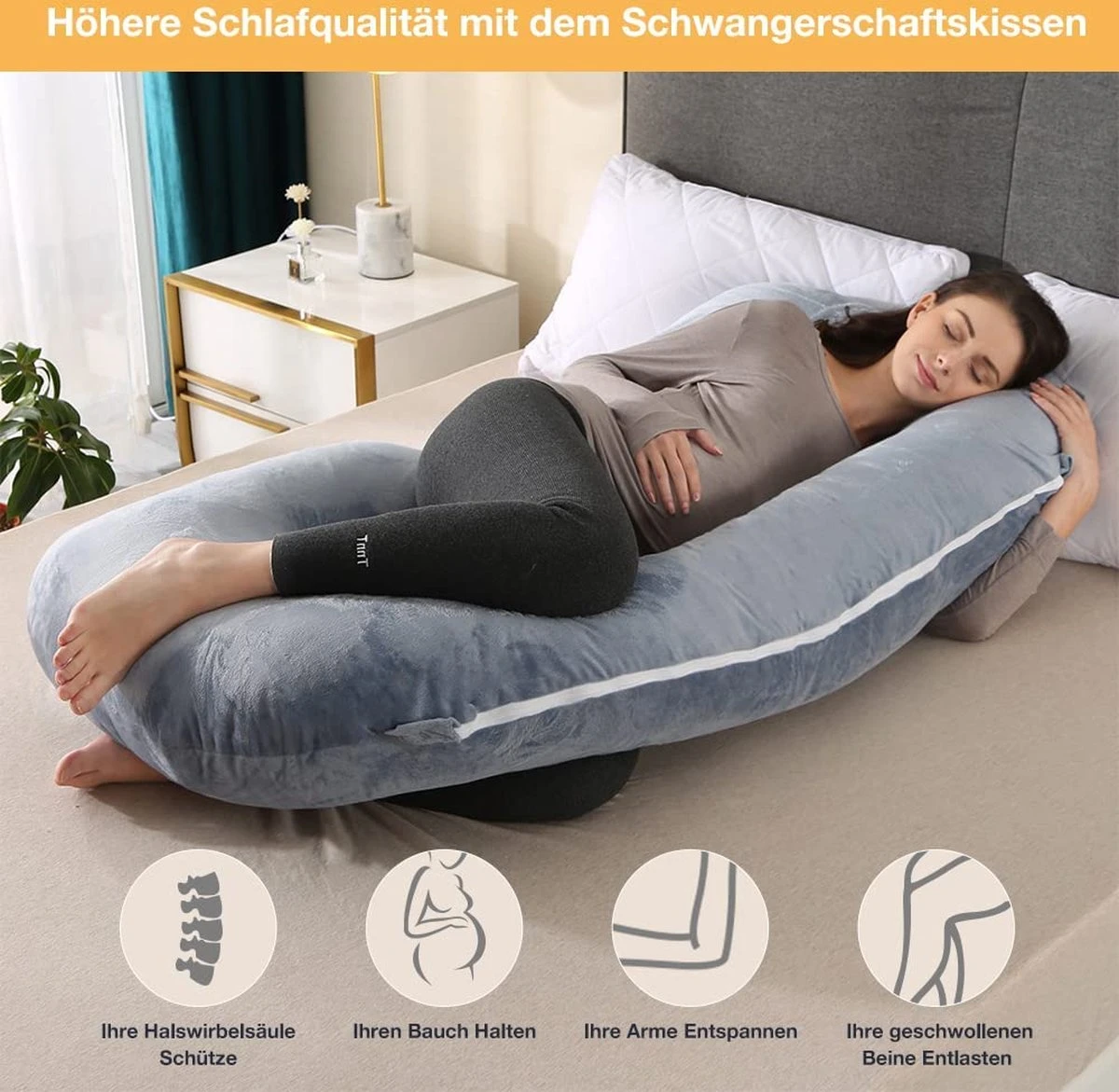 RESKO - Oreiller De Grossesse En Forme De C - Oreiller D'allaitement - Oreiller - Oreiller De Corps - Femme Enceinte - 140 X 70 Cm - Grijs 2 RESKO - Oreiller De Grossesse En Forme De C - Oreiller D'allaitement - Oreiller - Oreiller De Corps - Femme Enceinte - 140 X 70 Cm - Grijs – Image 2