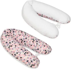 Coussin D'allaitement - Coussin De Grossesse - 100% Coton - Avec Cordons - 145 Cm - Triangles Roses – Blanc