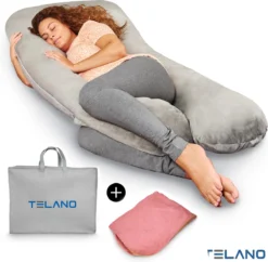 Telano De Maternité Telano XXL | Couverture Grise Et Rose | Sac De Rangement |Tissu De Velours | Coussin Nutritionnel | Forme De U | Extra Large | Oreiller De Couchage Latéral