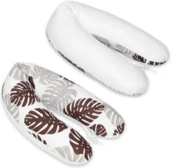 Coussin D'allaitement - Coussin De Grossesse - 100% Coton - Avec Cordons - 145 Cm - Feuille Marron/gris - Blanc